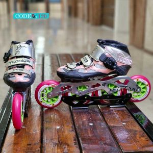 اسکیت تکنیکا کینگ، سایز ۳۸/۳۹، رنگ ترکیبی مشکی نقره‌ای صورتی گلبهی، مناسب برای اسکیت‌بازان حرفه‌ای و نیمه‌حرفه‌ای