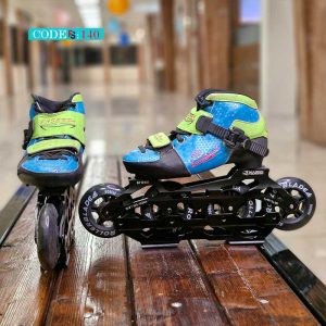 اسکیت سرعت پسندی مدل Junior سایز ۳۱-۳۴ رنگ سبز آبی مشکی با ترک مشکی – طراحی حرفه‌ای برای اسکیت‌سواران جوان